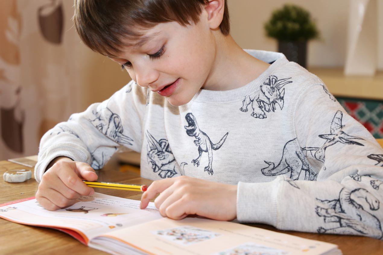 Junge liest konzentriert ein Kinderbuch, effektive Sprachförderung und Unterstützung durch einen Logopäden in Hagen