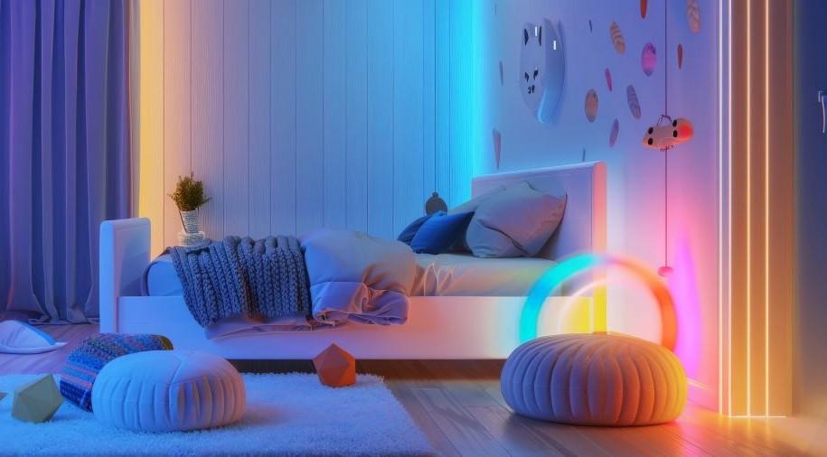 Kinderzimmer mit LED-Profilen für indirekte Beleuchtung in warmen und bunten Farben, modernes Bett und dekorative Lichtakzente an den Wänden.