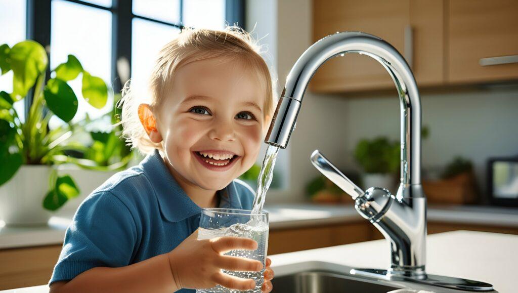 Lachendes Kind fuellt Glas mit Wasserenthaerter-Wasser